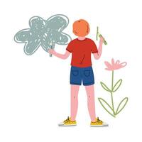 Cute Boy Drawing on Wall Using Color Pencils, View From Behind Illustration vector