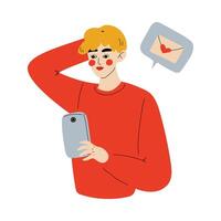 Online Dating, Young Man Using Smartphone for Dating or Searching for Romantic Partner, Guy Sending Message to His Girlfriend Illustration vector