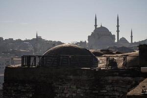 Istanbul Mosque Dome Cityscape. Historic Istanbul panorama showcasing a mosque, dome, and urban landscape. photo