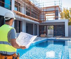 Construction worker reviewing blueprints near a swimming pool at a modern residential project in the daytime photo