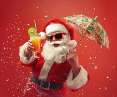 Santa celebrates with a tropical drink and festive umbrella in a winter wonderland photo