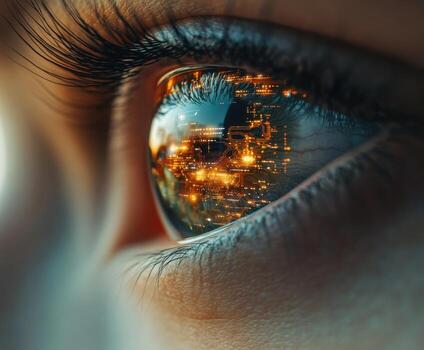 Reflection of technology in a human eye showcasing digital landscapes and circuits photo