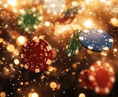 Colorful casino chips floating in a golden background create an exciting atmosphere of gaming and luck photo