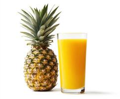 Refreshing pineapple juice served alongside a whole pineapple on a clean, white background photo