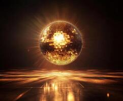 Bright gold disco ball reflects light, creating vibrant patterns on the dance floor in an elegant venue photo