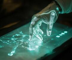 Futuristic robotic hand interacting with holographic interface in a high-tech environment photo