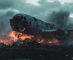 Debris from a plane crash smolders under dark clouds with flames engulfing the wreckage during twilight photo