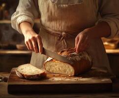 Freshly baked bread being sliced in a rustic kitchen by a skilled baker during golden hour photo