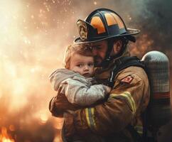 Firefighter rescues child from flames in a heroic act of bravery during a wildfire emergency photo