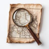 Detailed Old Map with Magnifying Glass Highlighting Geographic Features and Routes photo