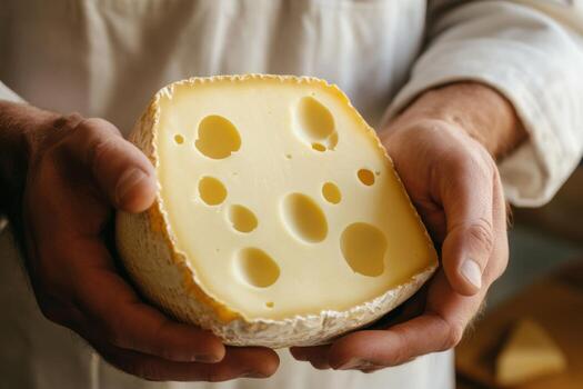 Artisan cheesemaker holds freshly made cheese in a rustic workshop during daylight hours photo