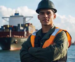 Young worker in safety gear stands confidently near a cargo ship at the port during a clear day photo