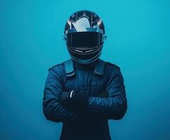 Motorsport driver in racing suit and helmet poses confidently against a blue background photo