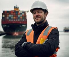 Shipping supervisor oversees operations at the busy port during overcast weather, ensuring safety and efficiency in logistics photo