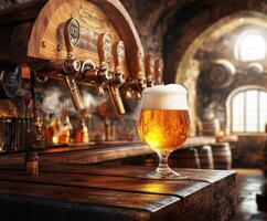 Golden beer glass sits on wooden bar counter in rustic tavern illuminated by soft natural light photo