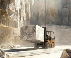 Heavy machinery lifts marble block in quarry during daylight hours photo