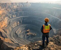 Worker surveys vast open-pit mine at sunrise while heavy machinery operates in the distance photo
