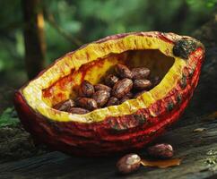 Richly colored cacao pod open to reveal beans in a lush forest setting surrounded by greenery photo