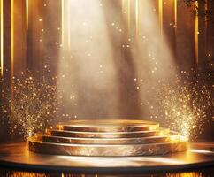 Elegant golden stage illuminated by spotlights and sparkling effects for a grand performance or award ceremony photo