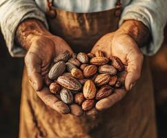 Cocoa farmer holds freshly harvested cacao pods and beans in his hands while showcasing the richness of cocoa farming in a traditional setting photo