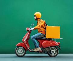 Delivery rider on a red scooter wearing an orange jacket and yellow helmet against a bright green wall photo