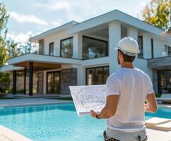 Construction worker reviews blueprints at luxurious house near swimming pool in bright daylight photo