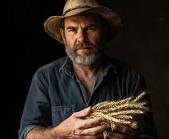 Man with a straw hat holds wheat stalks in a rustic setting, showcasing agricultural heritage and hard work photo