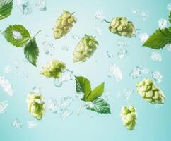 Fresh hop cones and mint leaves cascading through ice on a turquoise background photo