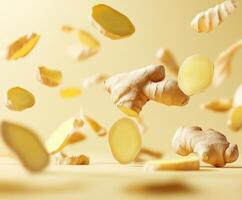 Floating ginger pieces create an eye-catching display against a soft yellow background photo