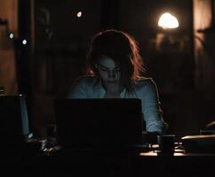 Young woman focused on work at night in a dimly lit room using a laptop photo