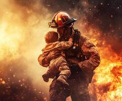 Firefighter rescues child from dangerous blaze during heroic firefighting operation photo