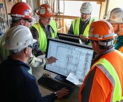 Construction team reviewing architectural plans in a workspace during daylight hours photo