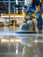 Worker polishes concrete floor with industrial machine in a modern warehouse environment during daylight hours photo