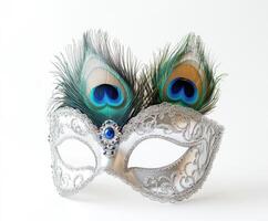 Elegant peacock mask with intricate lace and vibrant feathers for festive occasions and masquerade events photo
