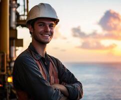Young offshore worker smiles at sunset on oil rig with ocean backdrop photo