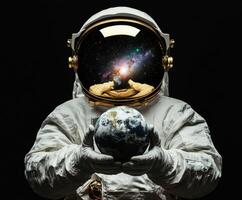Astronaut holding Earth with cosmic galaxy reflection in helmet in a dark setting photo