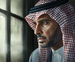 Portrait of a man in traditional clothing reflecting by a window in a warm, softly lit room photo