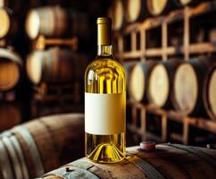 Golden wine bottle resting on a wooden barrel in a rustic cellar surrounded by stacked barrels photo