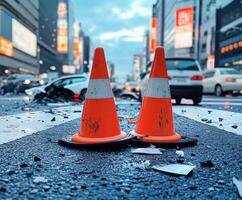 Traffic accident scene in a busy urban area with road cones and debris scattered on the street photo