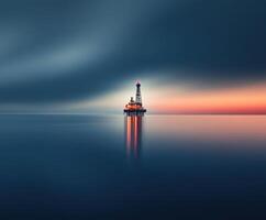 Oil rig stands tall against a serene ocean backdrop during twilight near the horizon photo