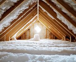 Insulated attic space showcasing bright window and soft white insulation blanket photo