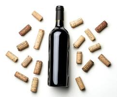 Bottle of dark wine surrounded by assorted corks, showcasing a wine tasting experience at home photo