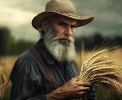 Elderly farmer holding wheat in a golden field under a dramatic cloudy sky at dusk photo
