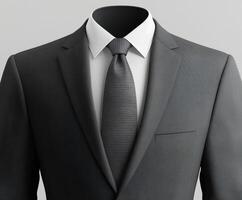 Elegant gray suit with white shirt and black tie displayed against a clean background in a modern setting photo