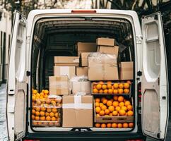 Delivery van loaded with boxes and fresh oranges parked in a city street during the day photo