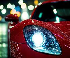 Red sports car headlights illuminate wet street at night with vibrant city lights in the background photo