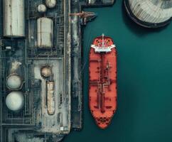 Large red cargo ship docked at industrial port with storage tanks and cranes visible from above in daytime photo