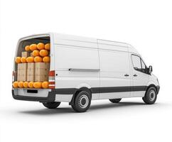 Delivery van transporting fresh oranges during daytime in a suburban area photo