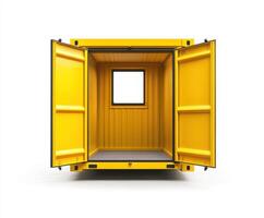 Yellow shipping container with open doors revealing an empty interior and a window photo