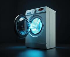 Modern washing machine showcases advanced technology and sleek design with an illuminated door photo